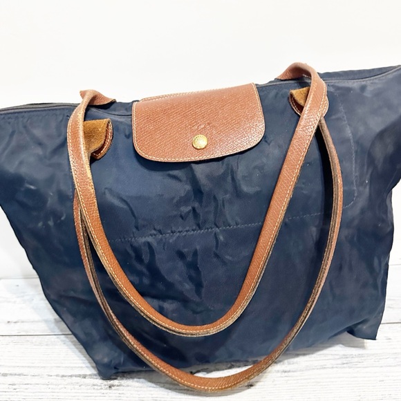 LONGCHAMP Le Pliage Navy Blue Canvas Br Copy gather Trim Travel Tote Bag - Picture 3 of 7